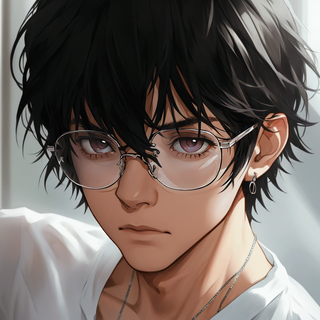 black hair, Solo male, silver Jewelry , close up, camera POV, basic white shirt , half body , emotionless face, glasses