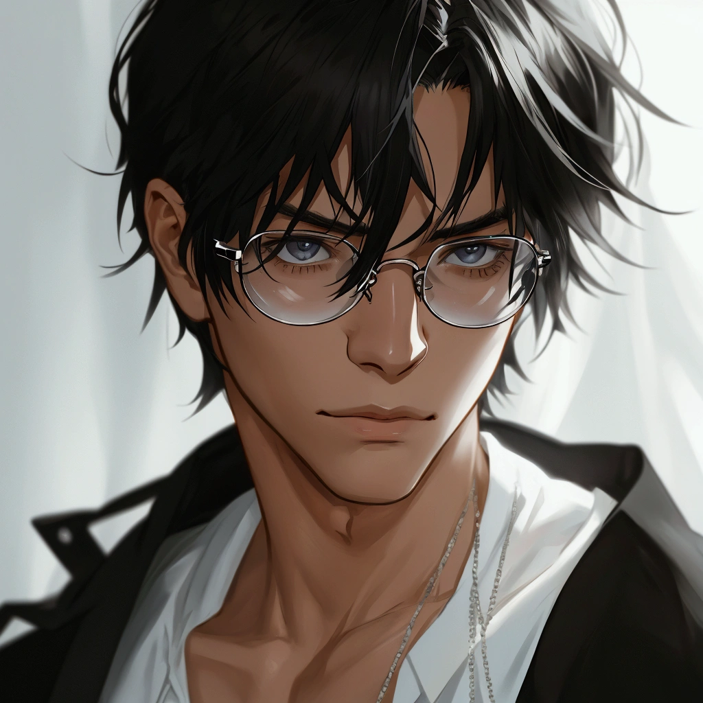 black hair, Solo male, silver Jewelry , close up, camera POV, basic white shirt , half body , emotionless face, glasses