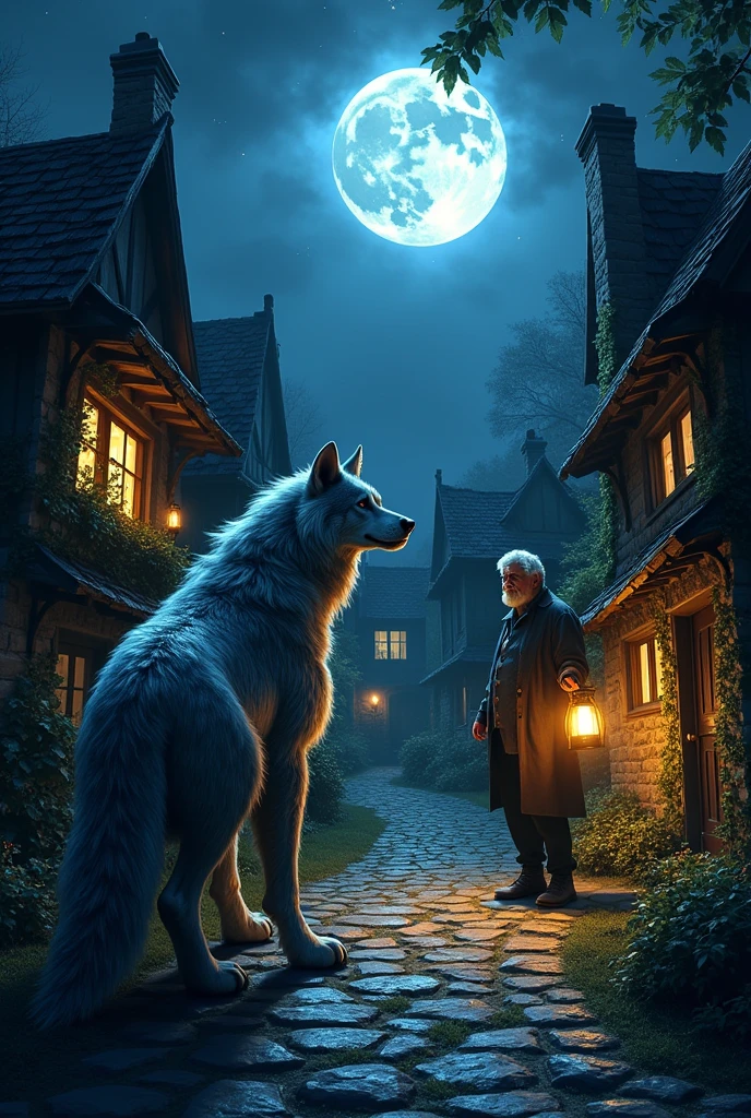 show a werewolf, image in village with the villager, but the werewolf don't too bigger
