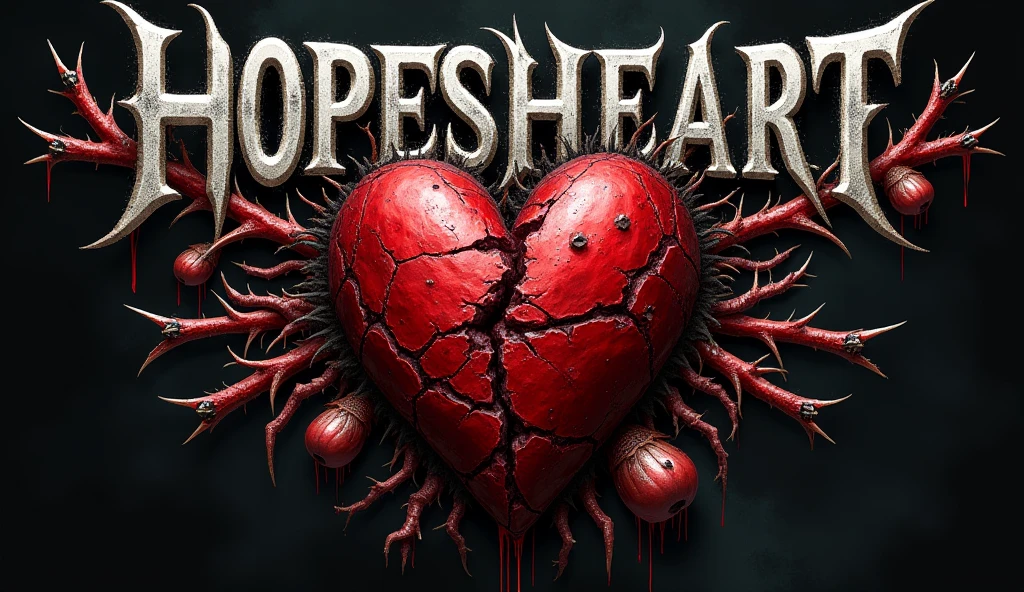 Hyper realistic , 4k, ultra realistic,A Deathcore Metalcore band logo with the text “HopesHeart” at the top center. The text “Broken Chromosomes” at the bottom center. Logo needs to include a very bloody heart getting ripped out of a females chest with thorns, bloody DNA strands, horror, gore, body parts, body organs, gory body heart ripped out