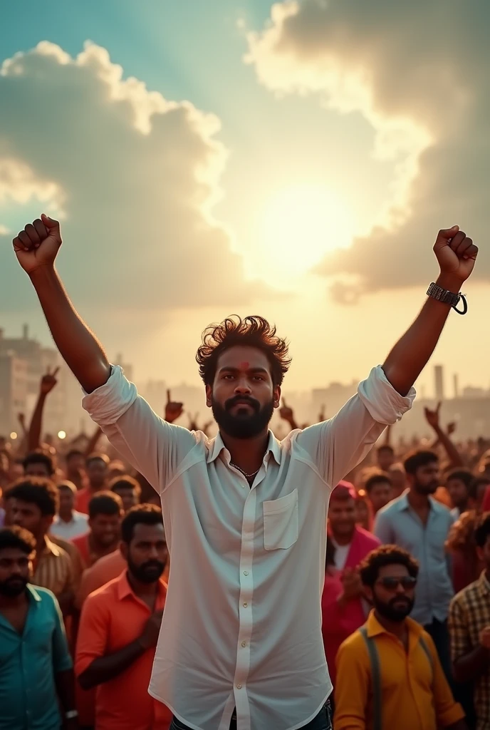 A man with dark hair and beard and wearing white shirt full sleeve standing in front of a tamilnadu men crowd at a concert , with a bright sun in the background triumphant gesture against a dramatic sky with clouds and a cityscape in the background