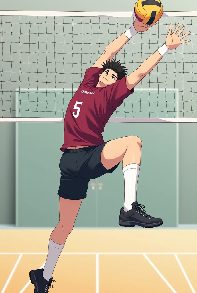 Minimalist volleyball theme wallpaper,men. Indoor. Men spiking with a last name "Monton" and a jersey number "5" . Anime men. Spiking a ball"solo", two block hair maroon jersey,black short, white sock's and shoe's. Preference: little giant from karasuno. Back view. Yhe character is facing the net while jumping and spiking with fot are bend and arms ready to hit the ball. The hands are like holding a  loaded bow without the bow. Straighten the left arms horizontally in the characters front and bend the right arm in the  opposite side os the life arm like pulling an arrow from a bow. The head is above the net and the ball is above the right arms falling 