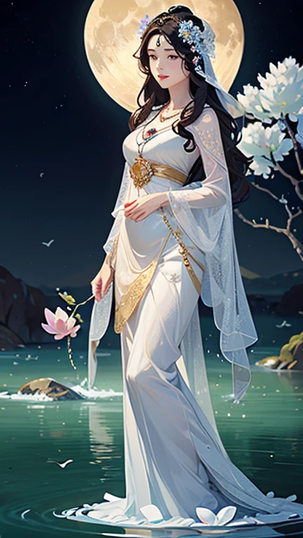 (masterpiece,Highest quality,,8k,High resolution),One female,,Compassionate Mother Kannon,Black Hair,,Wave,,Standing on the surface of the water,,flower,bird,,moon,,jewelry,Holding,Long sleeve,Veil,necklace,Lotus,Long Hair,dress,(whole body),Highly detailed CG,