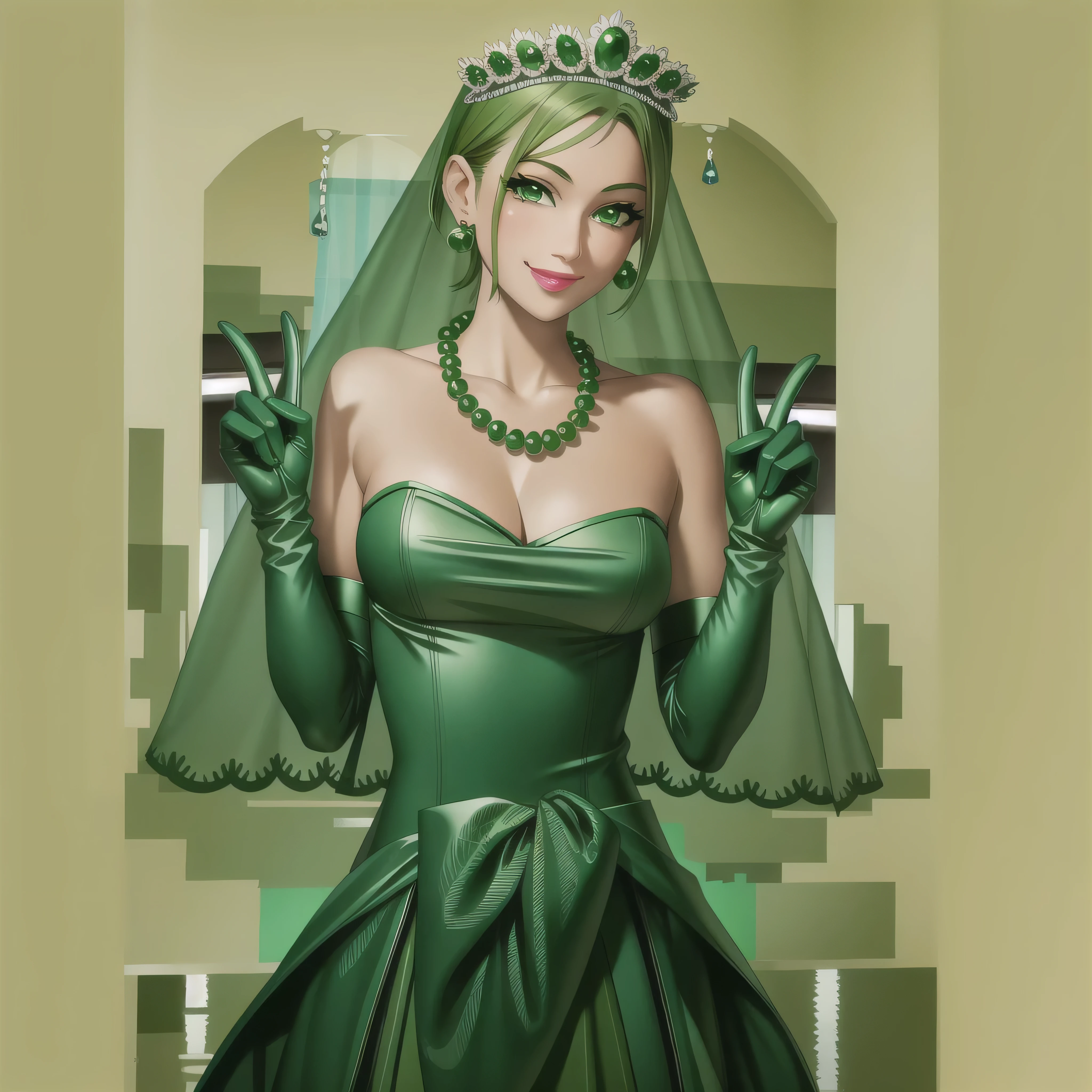 Emerald tiara, Green Pearl Necklace, Boyish very short green hair, Green Lips, Smiling Japanese woman, Very short hair, Busty beautiful lady, Green Eyes, Green satin long gloves, Green Eyes, Emerald Earrings, Green veil, all, Green Hair, Beautiful Japanese Woman, green lip gloss