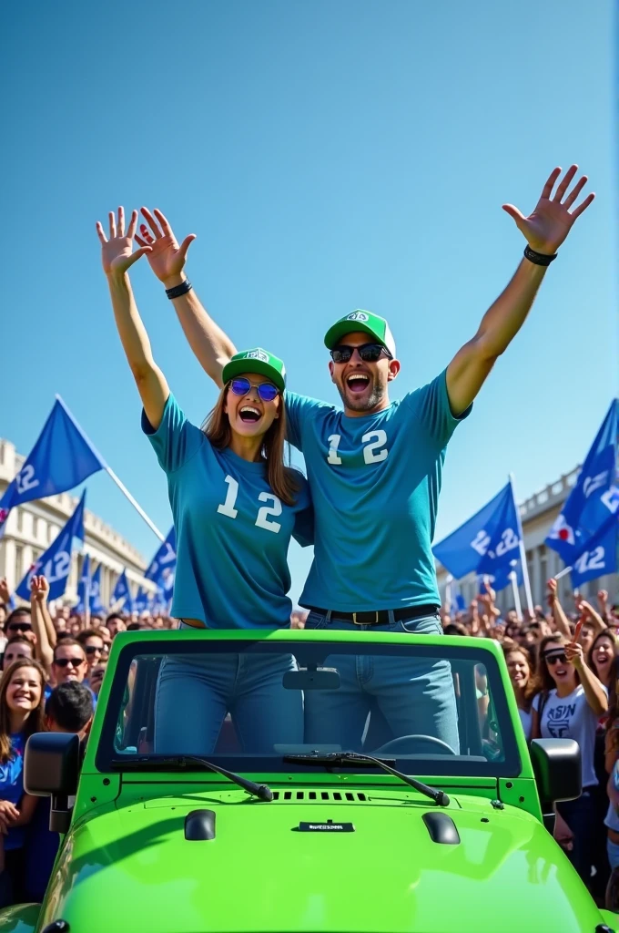 Two people on top of a green jeep. A woman wearing a blue shirt and cap with the number 12 and the man wearing a green shirt and green cap with the number 12 surrounded by a crowd with blue flags of number 12