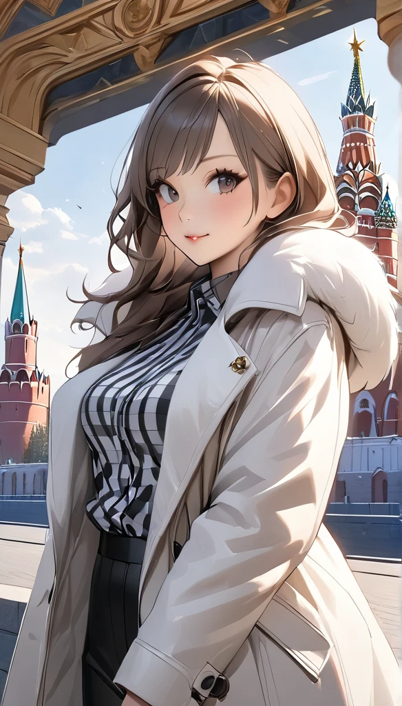 1 girl, checkered shirt, fur coat, Kremlin Palace Background, plein-air, hive,best qualityer, ultra high resolution, photorrealistic,