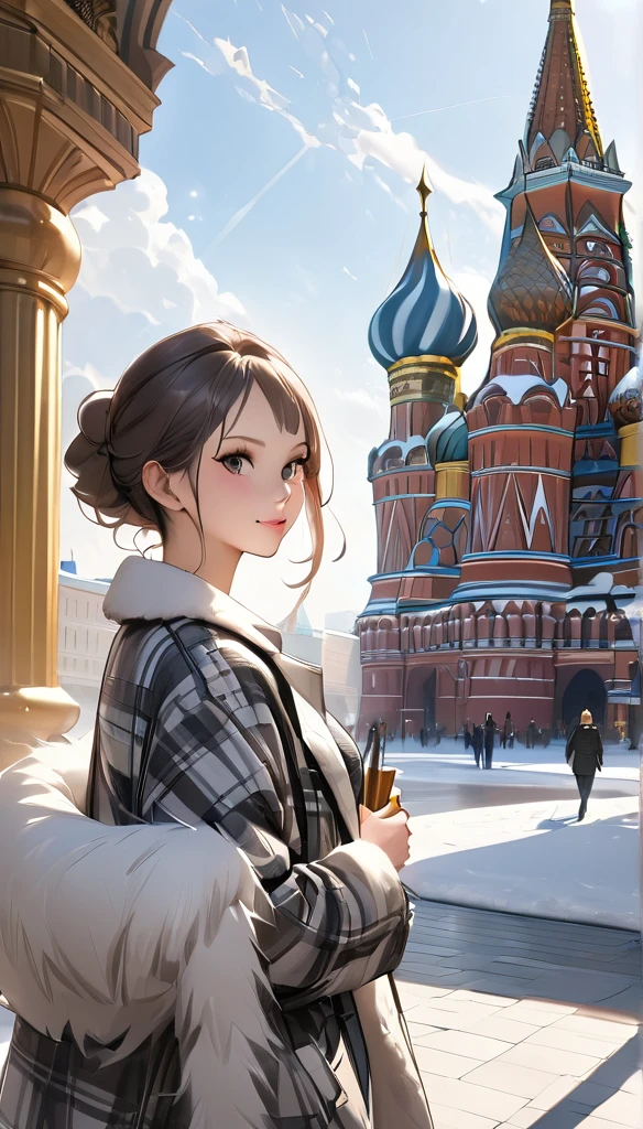 1 girl, checkered shirt, fur coat, Kremlin Palace Background, plein-air, hive,best qualityer, ultra high resolution, photorrealistic,