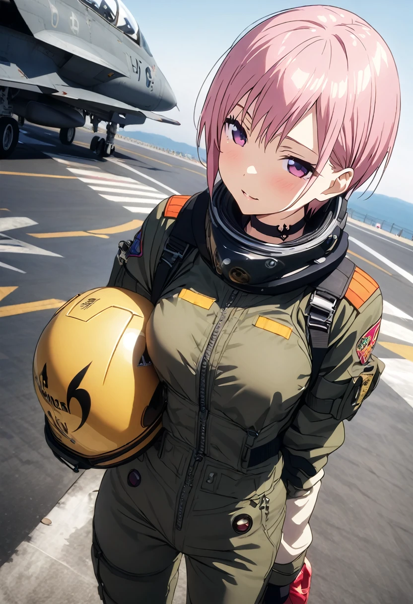 (Highest quality, 4K, 8k, High resolution, masterpiece:1.2), Very detailed, Picturesque, Anime style photo, Photo Anime:1.37)、Japanese、(Pink hair)、(pixie cut)、Standing next to an F-18 parked on the deck of an aircraft carrier、Black choker、fighter pilot suit、(((She hold under one's arm a Pilot Flight Helmet with a single fleur-de-lis on it))).、Panoramic view、Nakano Ichika