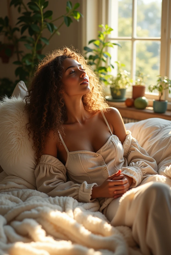 (photorealism:1.2), beautiful woman, sitting on bed, naked boobs, porn, sex, pussy, porno, hot, suck dick, sextoy, pussy, long curly hair, indoors, soft lighting, plants in background, window with sunlight, cozy room, relaxed pose, realistic, intricate details, warm colors, by Greg Rutkowski, by Alphonse Mucha