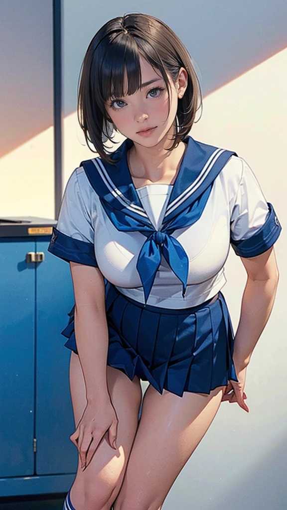 (((Perfect Anatomy, Anatomically correct, Ultra-dense skin))), 1 person, Japanese, high School girl, Glowing Skin, Looking at the audience, ((Rear View, From below)), 
Beautiful Hair, Beautiful Face, Beautiful and beautiful eyes, (short hair:1.1, Bobcut:1.2), Dark blonde hair:1, blue eyes, Baby Face, Mole under the eye, 
Beautiful clavicle, Beautiful body, Beautiful breasts, Big Breasts:0.5, Beautiful thighs, Beautiful legs, Camel Toe, 
((Short sleeve, Cute sailor uniform, all in dark blue, Dark blue pleated skirt, Navy blue sailor collar, Sailor scarf, socks, Brown Loafers)), Captivating thighs, (Red Slave Collar), 
((Embarrassing, I was scared, sad, Mouth half open)), Are standing, (((Leaning forward), Take off, Raise one leg, Pull on white panties)), 
(Beautiful views), summer, School, locker room, 
8k, Highest quality, masterpiece:1.2, Very detailed), (Realistic), Beautiful illustrations, Natural light, whole body,