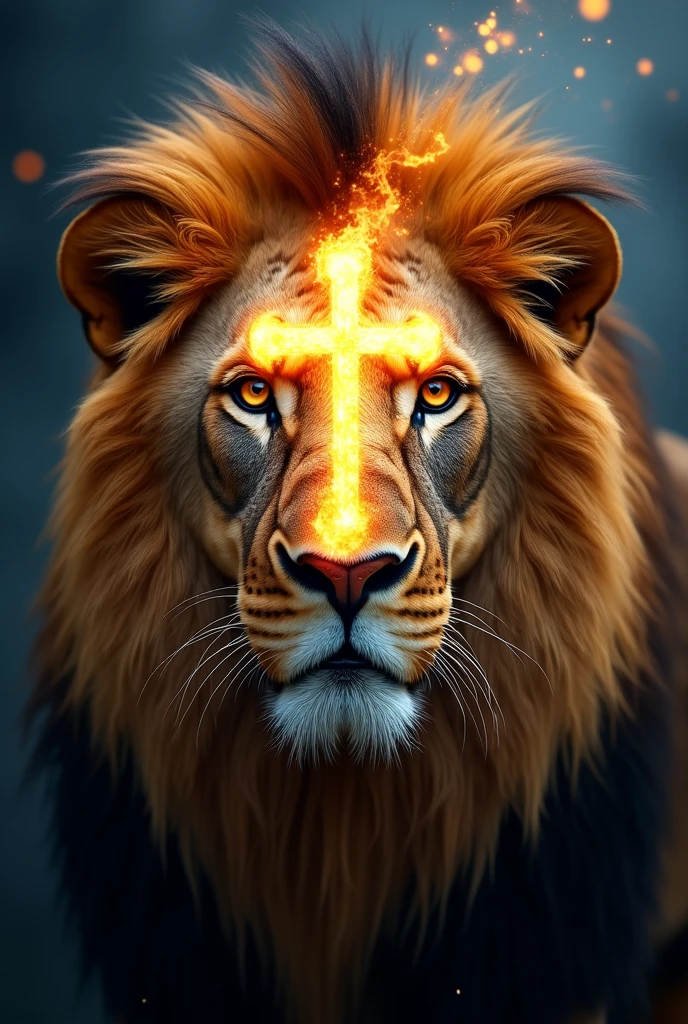 Create an image of a lion&#39;s face with a small transparent cross in flames in the middle of its face.