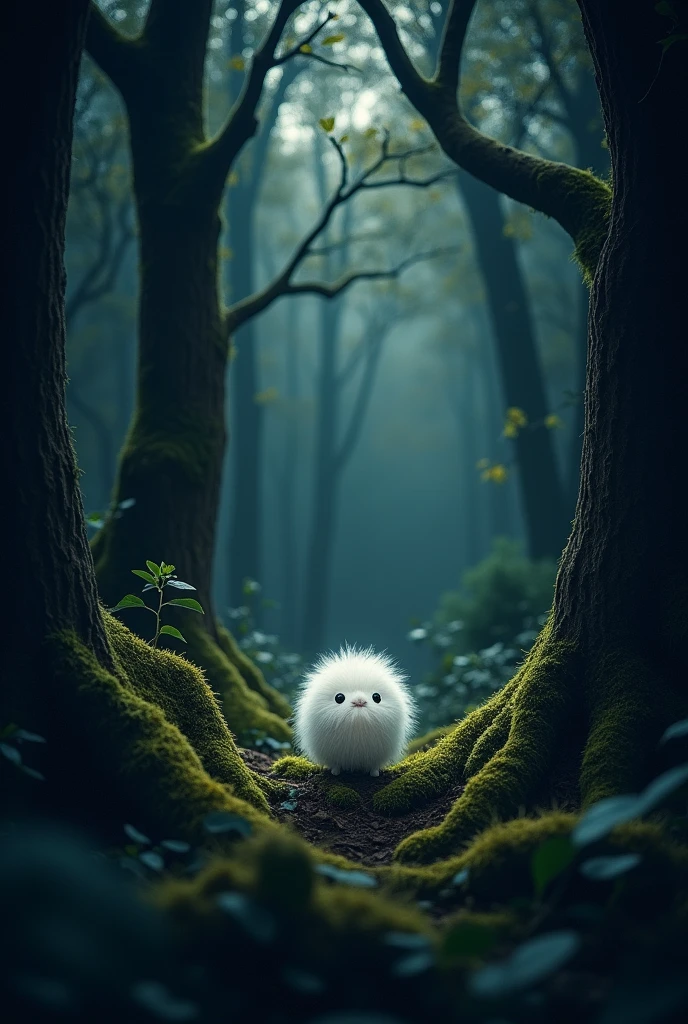 an animation of a dark forest with a small creature, very small, White color, round, glowing, hairy in the center of the forest, for the cover of a story