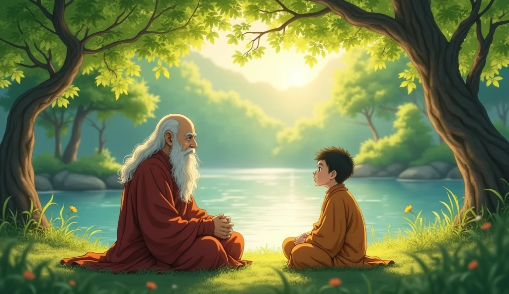 Old monk master sitting with his young monk master beside riverbank and student monk asking to monk master, trees, beautiful scenario, in anime style,