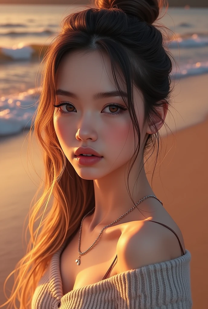 1girl in, age19, Solo, Long hair, Colossal , Looking at Viewer, blondehair, Bare shoulders, Brown eyes, jewely, Full body, a necklace, off shoulders, Sweaters, Realistic, A sexy, cleavage, medium breasts, bikini, sexy ass
