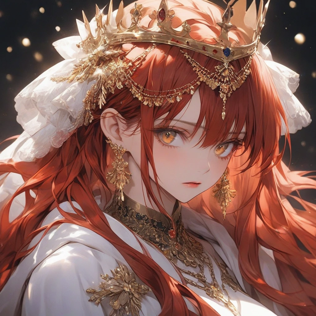 high resolution, Masterpiece, Anatomically correct, precise, qualityที่ดีที่สุด, quality, 1 woman, Age 20 years, very long hair, red hair, golden eyes, Unique hairstyles, big breasts, earring, Dark makeup, A cold expression., simple background, Close-up photography, decorations, Anime style , royality , princress ,cute