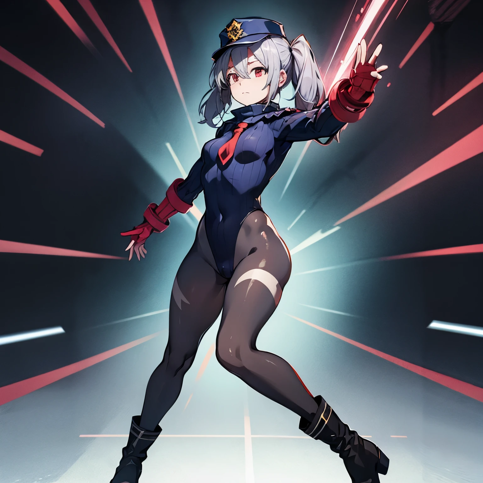 best detailed, Highly detailed,Beautiful body,Beautiful Nose,perfect eyes,perfect face,ultra highres,beautiful legs,Perfect hands,Masterpiece,illustration,,perfect anatomy,street fighter,doll suit,shadaloo doll,dollsuit,expressionless,empty eyes,blank eyes,red gloves,boots,emotionless,black latex,corruption,mind control,female combatant,hypnotized,unhappy trance,full body suit,obey,extremely glossy latex,hypnosis,hypnoLora,Slave,necktie,yellow tie,military,dark persona,full body,looking at viewer,standing pose, Fighting Stance,(((pixel-perfect, detail-perfect))),solo,(roze),1girl,silver hair, long hair, twintails, hair between eyes, red eyes, black cap, twin black muffler,black scarf,((dark pantyhose)), city background