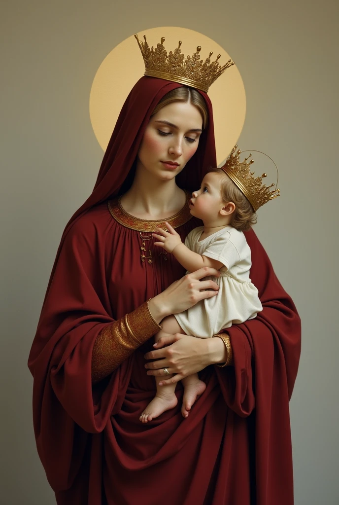 virgin mary woman aged 40 with a maroon tunic with a crown on her head carrying a child with a crown on his head, that they are looking from head to toe without an image background