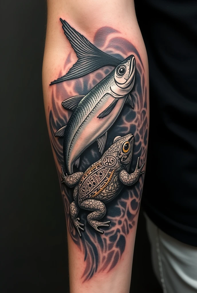 Tatouage bras moderne sardine et crapaud maori tribale