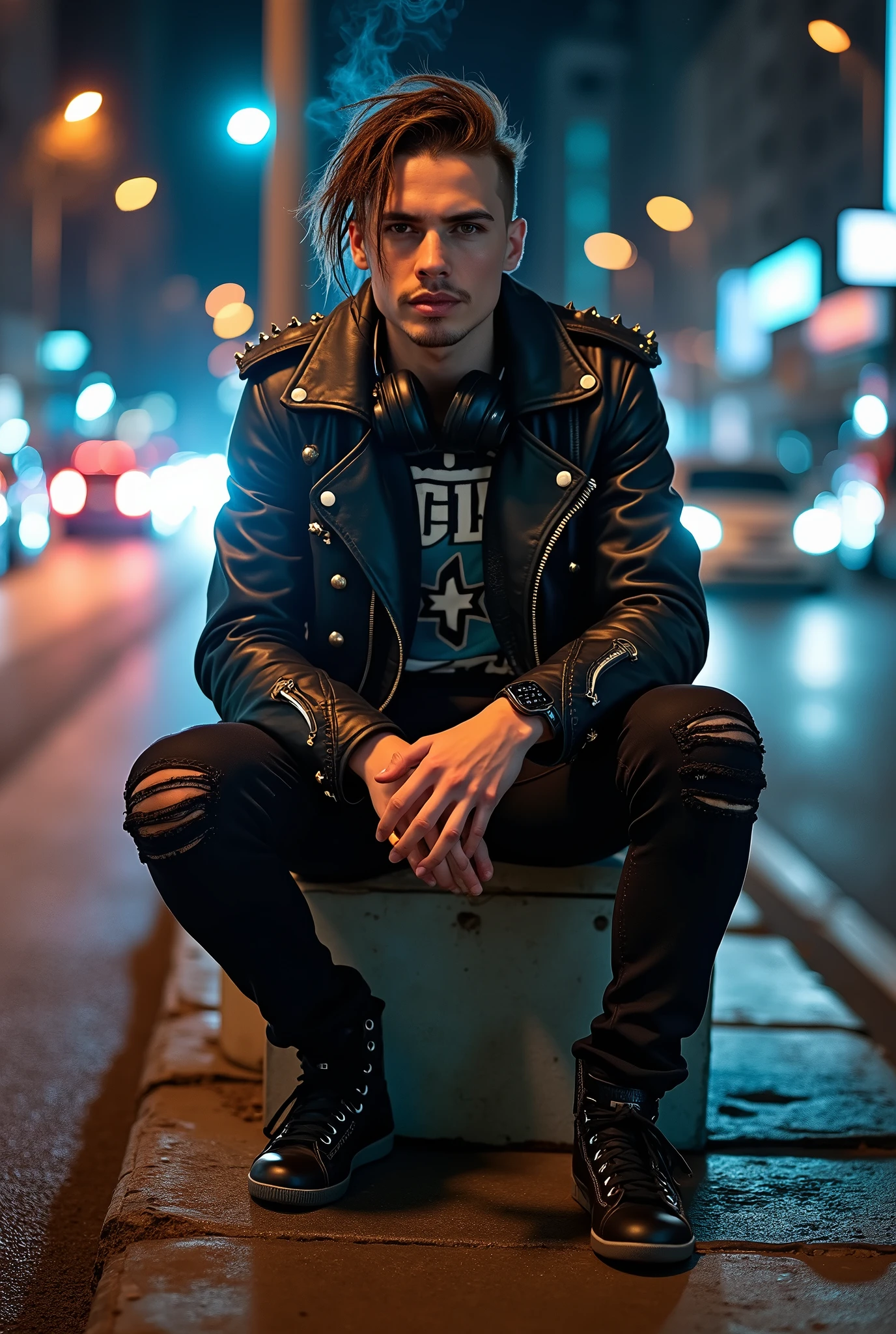 Young man as a rockers(semi bald dreadlock hair) is holding cigarret(blowing the smokes), wearing spikes leather jacket, t-shirts and tight scars jeans, sitting on the shelter near the traffic lights and marks, low angle camera shots, neon loghts headphones on his neck, wearing smartwatch, black leather converse shoes, lot of cars in the streets