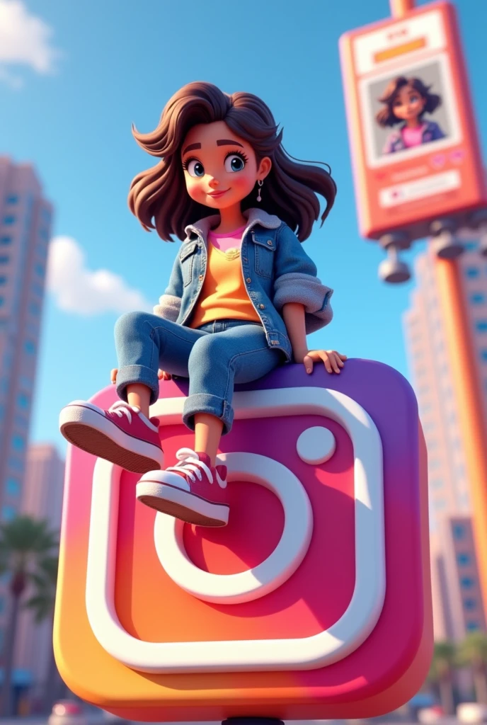 - " Create a 3D illustration of an animated character standing casually on top of social media logo "Instagram". The girl character must wear causal modern clothing such as Jeans jacket sneakers shoes. The background of the image is a social media profile page with username "Noha Nazreen" and a profile picture that matches animated character. "