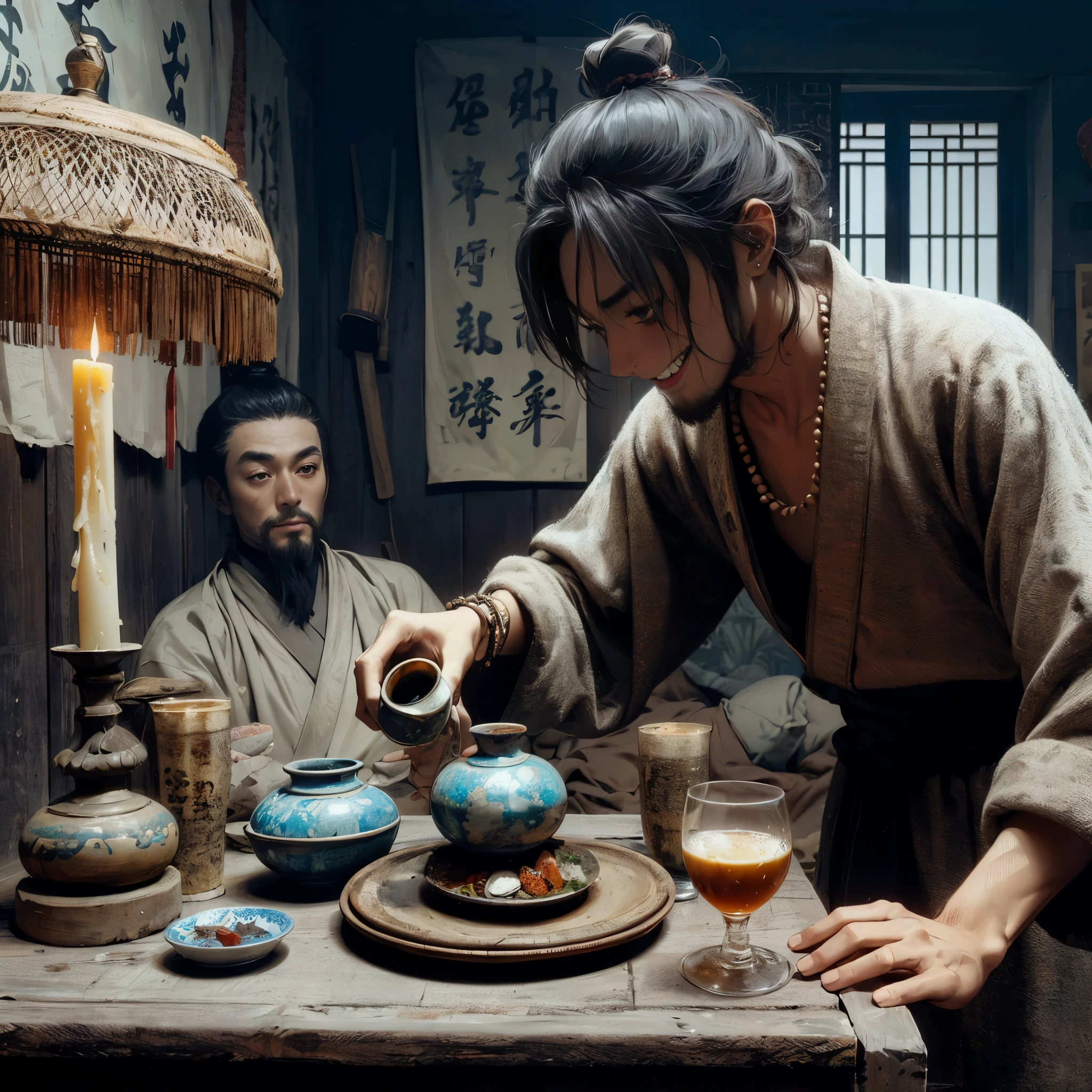 (masutepiece:1.2), (Best Quality:1.2), (high resolution:1.2), (beautiful face and eye:1.2), (sharpest focus:1.2), (Ultra-realistic Photo:1.2), (Ultra-precise Photo:1.2), (Depth of field:1.2), (perfect anatomy:1.2), (nice hands:1.2),
(perfect hands:1.2), (Young master of a poor saloon in Song dynasty China:1.2), (Walking with a simple wine and food tray and a crude candlestick:1.0), (Horrified and cruel smile:1.5), (Hunchback:1.1), (Very dark room:1.5),