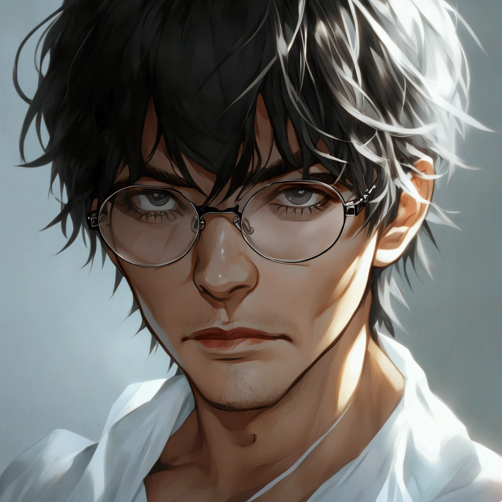 black hair, Solo male, silver Jewelry , close up, camera POV, basic white shirt , half body , emotionless face, glasses