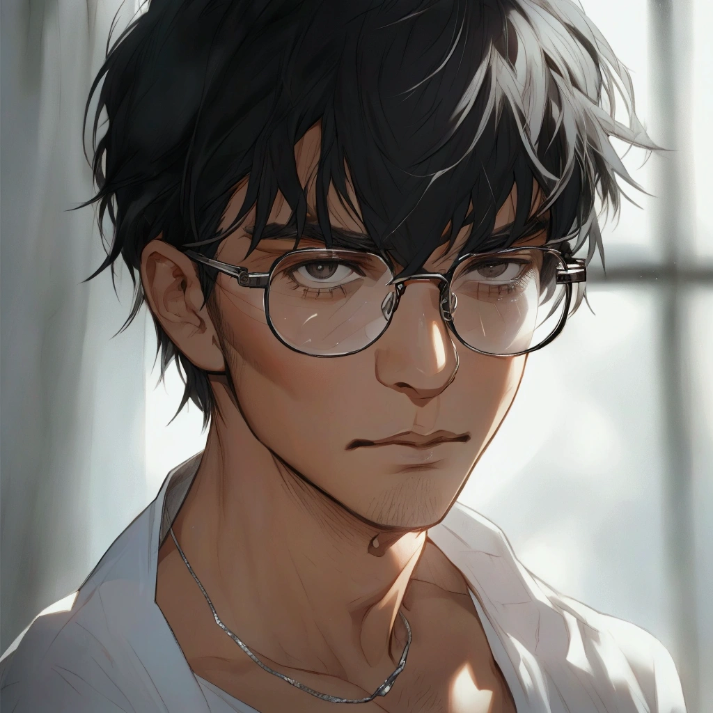 black hair, Solo male, silver Jewelry , close up, camera POV, basic white shirt , half body , emotionless face, glasses