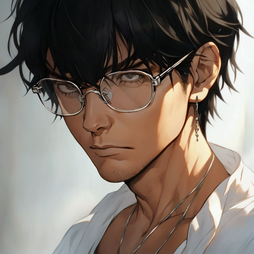 black hair, Solo male, silver Jewelry , close up, camera POV, basic white shirt , half body , emotionless face, glasses