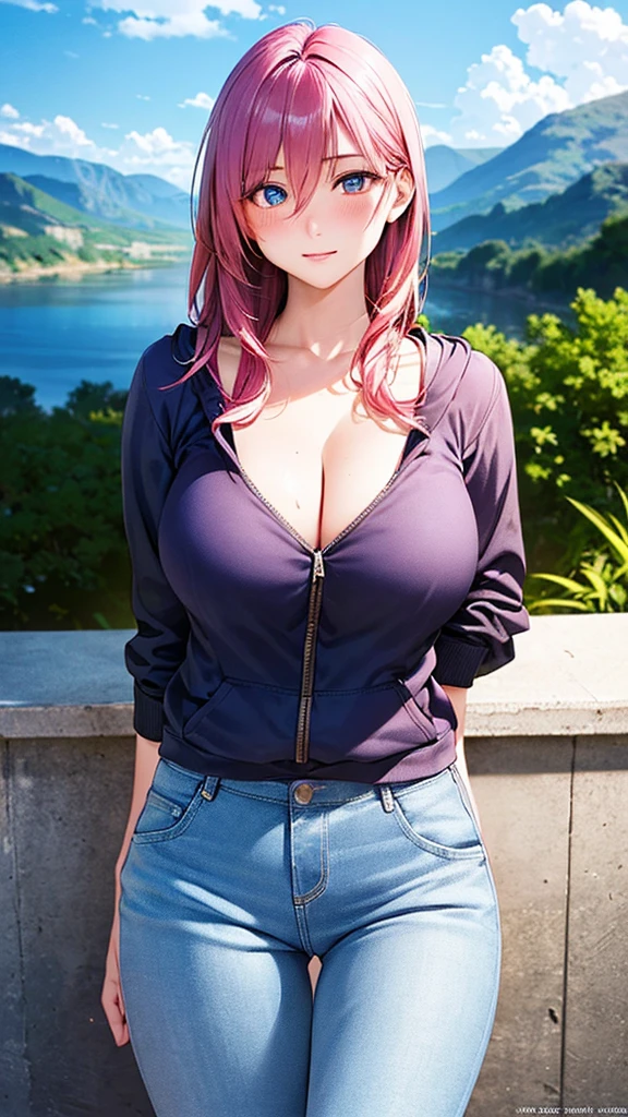 (masterpiece:1.2, highest quality), (realistic photo:1.4), beautiful illustrations, (natural side lighting, movie lighting),
beautiful hair, beautiful face, detailed and beautiful eyes, beautiful clavicle, beautiful body, beautiful breasts, beautiful thighs, beautiful feet, beautiful fingers,
from behind, 1 girl, high school girl, (perfect anatomy, anatomically correct, super detailed skin), cute symmetrical face, baby face, perfect face, perfect eyes, perfect body, shiny skin, slender,
(long hair, straight hair, pink hair), hair between eyes, blue eye, long eye lasher, (gigantic breasts, seductive thighs), break (tight jean, hoodie), break
(beautiful scenery), (blush),