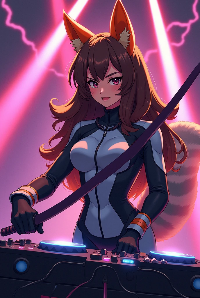 You are going to make the anime-style cartoon of a robust woman., Light brown skin, medium brown wavy hair, dark brown eyes, Your attire is a Jaeger pilot suit., with orange fox ears, gray fluffy Lemur tail on a DJ console with headphones and holding a fencing sword in her hands and looks very angry 