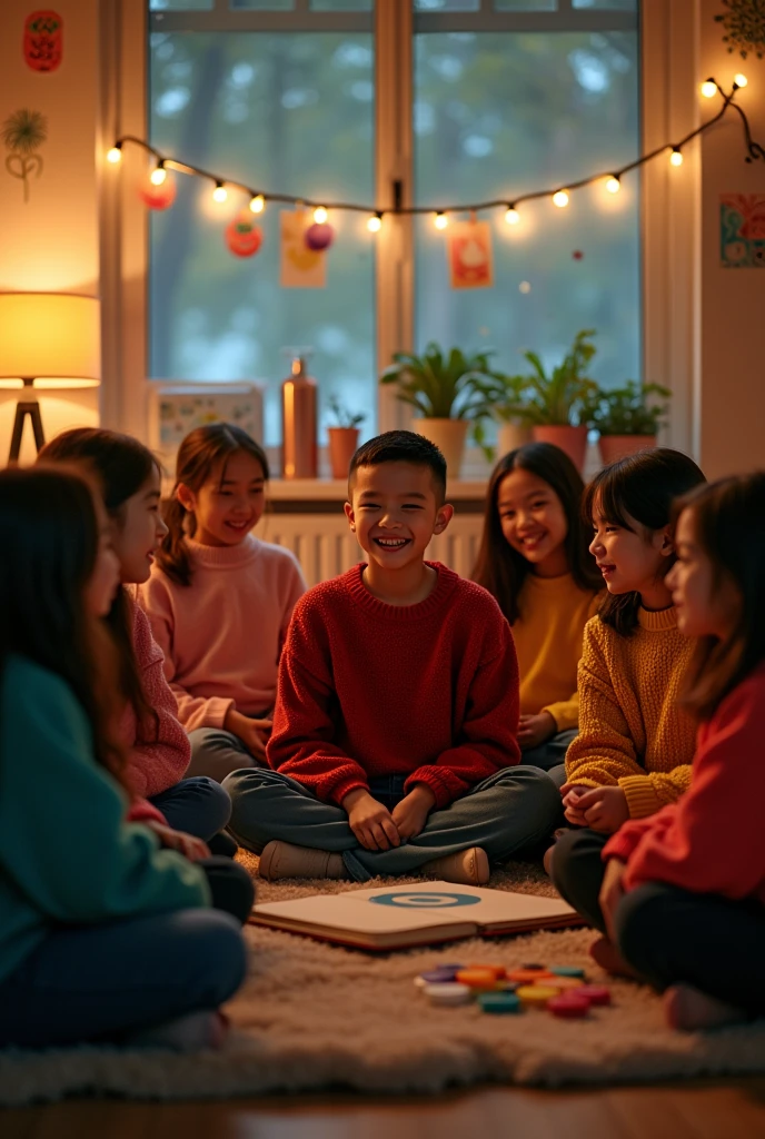 A group of 9 girls are keeping quiet. A guy with a short haircut, Mongolian features talks and laughs to himself.