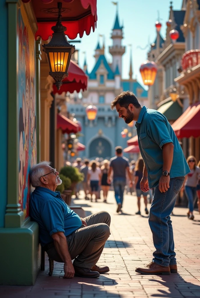 A young man named Steve with blue shirt found a rich old man named dereck wearing blue shirt fainted on street At Disneyland usa