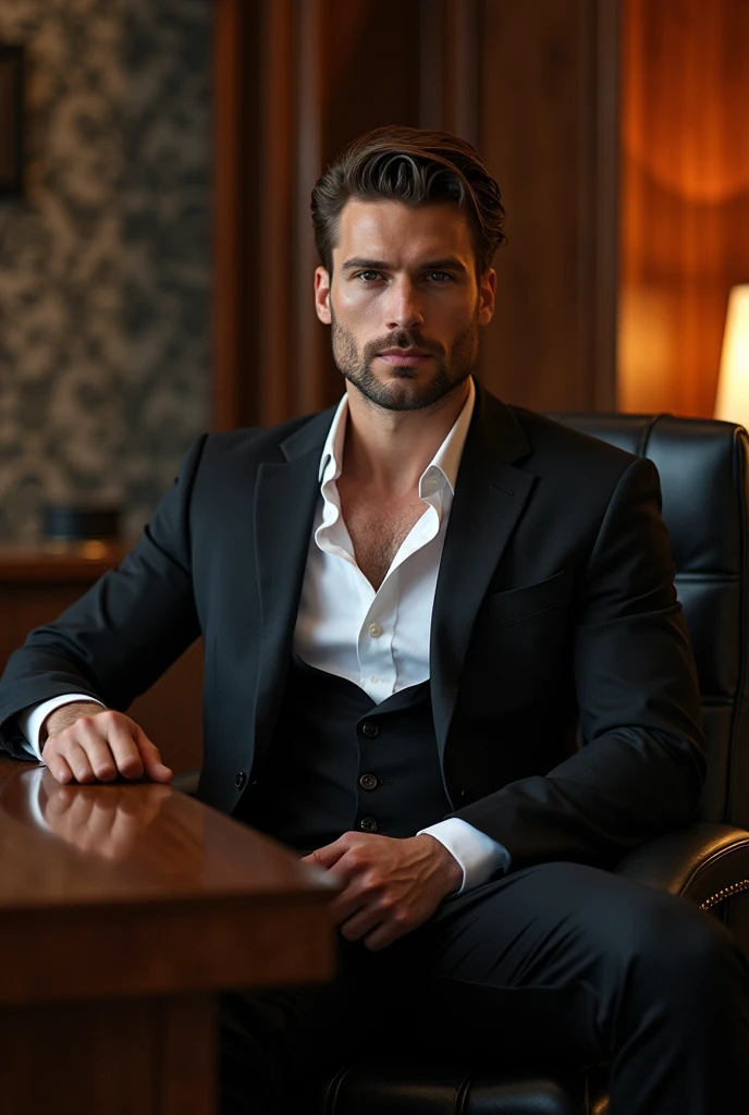 Image of man, handsome white skin, sucked, chichón, strong and big, with black suit, sitting in front of a desk , with one hand between the legs, with an erection in his hand 