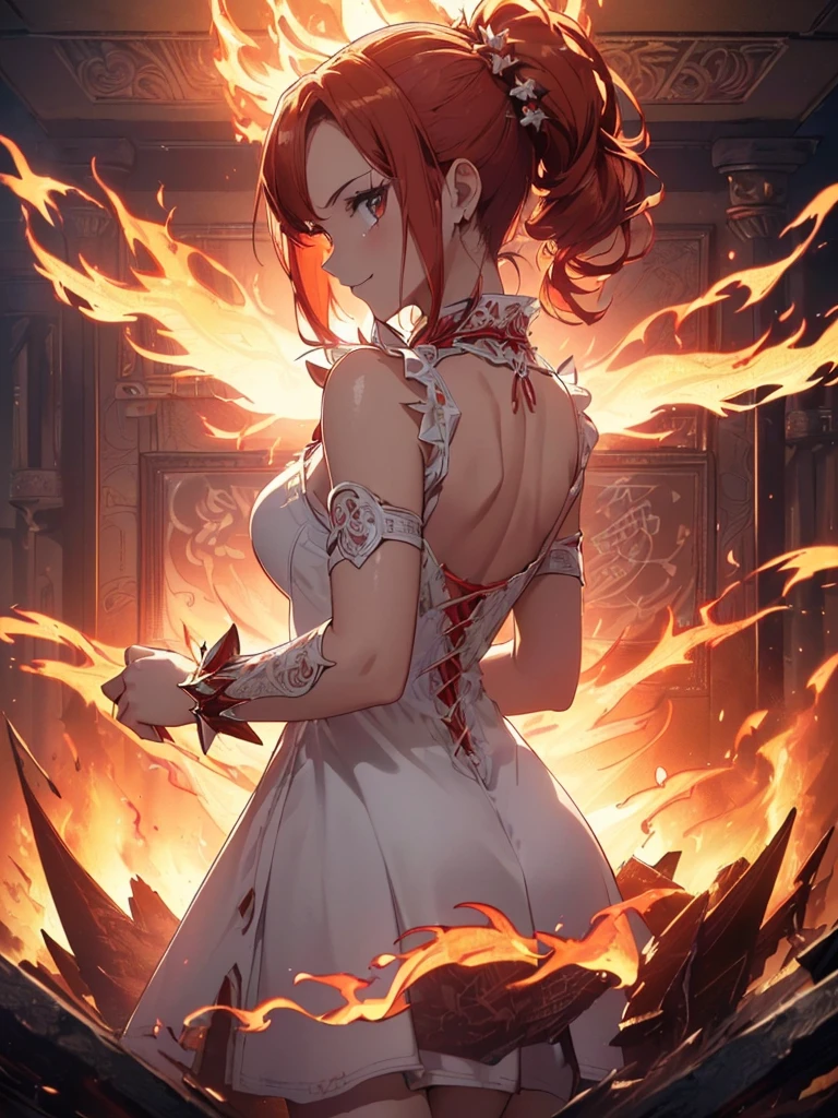 (((best quality, sharp image, clear image, cinematic lighting, 8k resolution, masterpiece, ultra detailed, intricate))) Girl, (((looking over left shoulder))), (shot from behind), ((half shot)), fiery red hair, pigtails, ((white dress)), ((flaming sigils, flaming runes)), spiky rock formations, (flaming lotus flowers frame), (intricate background), ((Phoenix)), (swirling flames), smiling