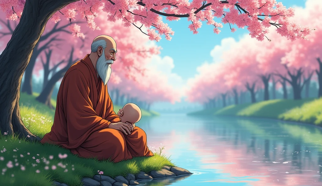 Old monk master sitting with his young monk master beside riverbank and student monk asking to monk master, trees, beautiful scenario, in anime style,