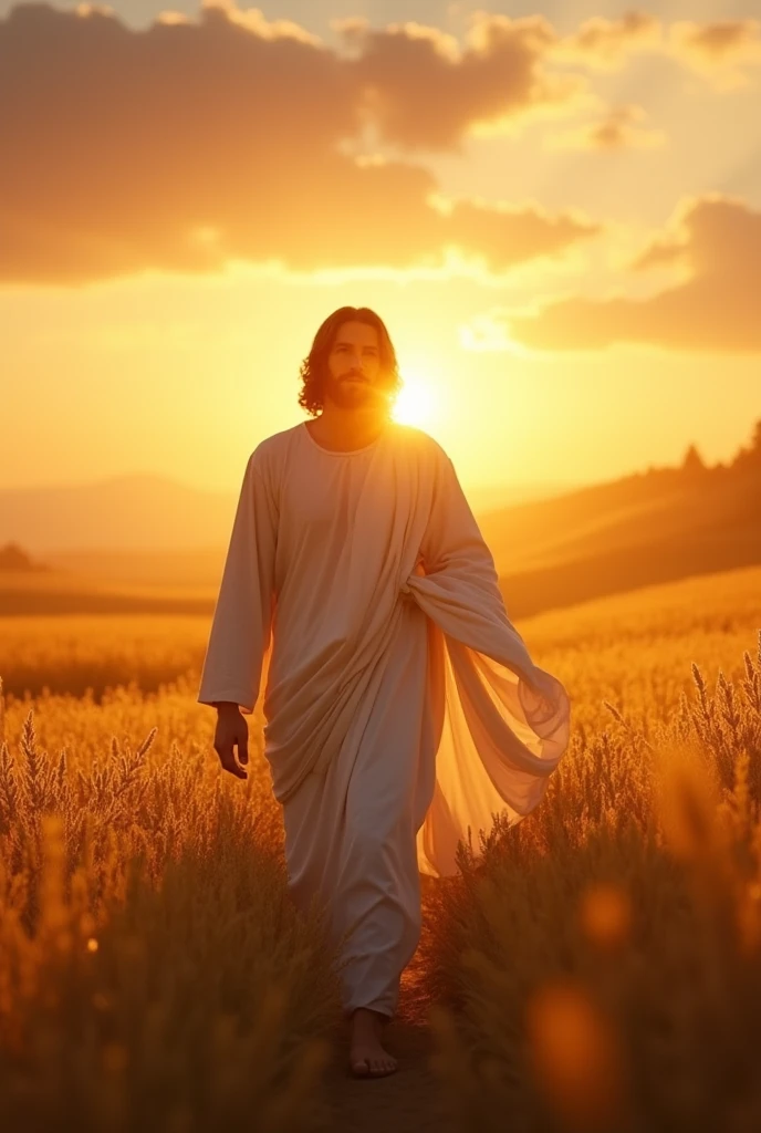 “Jesus walking through a golden field at sunset, dressed in flowing robes. The warm sunlight casts a soft glow on His figure as He strolls among the tall grass, with a serene and thoughtful expression. The sky is a gradient of oranges and purples, with a few wispy clouds.”