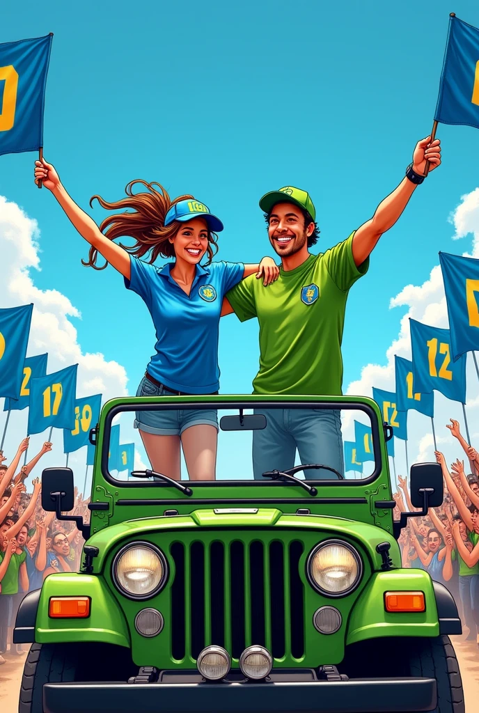 Drawing of two people on top of a green jeep. A woman wearing a blue shirt and cap with the number 12 and the man wearing a green shirt and green cap with the number 12 surrounded by a crowd with blue flags of number 12