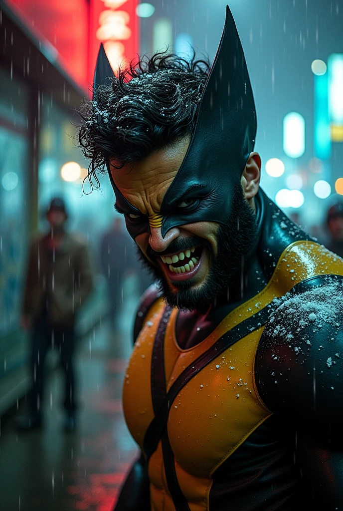 Extreme close-up face
Actor asian Akira kaneda's wolverine creepy monstrous scary as wolverine Year 2099s from X-Men's filmed by ZackSnyder, wolverine dress traje semi rasgado , fighting against thugs X-men Full body , traje rasgado semi Pearl yellow black neon-infused psicodélic fragments splash Snowflakes X-shaped stripes raytracing fashion Week , variant angles, captured with award-winning photography technique, cinematic, dark environment, bokeh, grainy, urban-xmen setting, blurry, IMAx, filmed with Kodak portrait 400, 200mm, f2.8, high resolution, teal filter.Adicione efeitos com chuva, e. Novas cores e trajes diferente em cenas imagens feita,