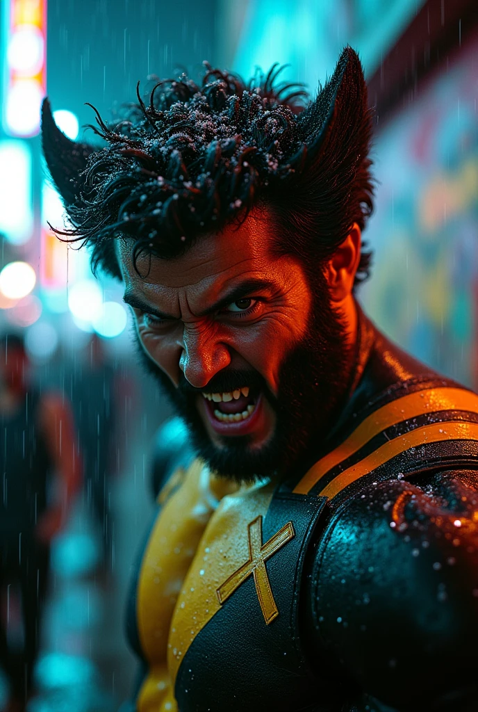 Extreme close-up face 
Actor asian Akira kaneda's wolverine creepy monstrous scary as wolverine Year 2099s from X-Men's filmed by ZackSnyder, wolverine dress traje semi rasgado , fighting against thugs X-men Full body , traje rasgado semi Pearl yellow black neon-infused psicodélic fragments splash Snowflakes X-shaped stripes raytracing  fashion Week , variant angles, captured with award-winning photography technique, cinematic, dark environment, bokeh, grainy, urban-xmen setting, blurry, IMAx, filmed with Kodak portrait 400, 200mm, f2.8, high resolution, teal filter.Adicione efeitos com chuva, e. Novas cores e trajes diferente em cenas imagens feita,  