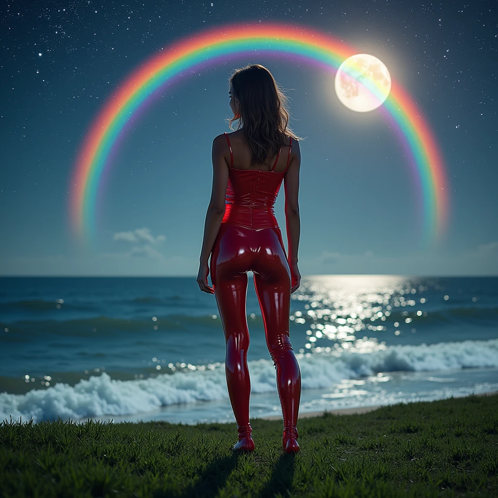 mesmerizingly girl sexy red beautiful white silver translúcido zero suit , latex clothing, front grass , realistic background sea seawater, a rainbow of stars above the image and moon