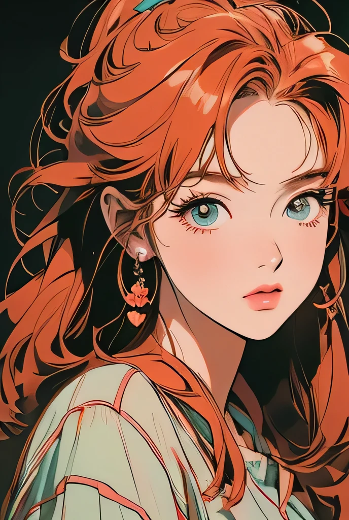 a beautiful anime girl with long orange hair and a red hair bow, wearing a shirt, (best quality,4k,8k,highres,masterpiece:1.2),ultra-detailed,(realistic,photorealistic,photo-realistic:1.37),retro anime style, 80s anime art, beautiful detailed vivid green eyes,beautiful detailed lips,extremely detailed eyes and face,longeyelashes,detailed anime portrait,intricate details,vivid colors,cool lighting,cinematic composition