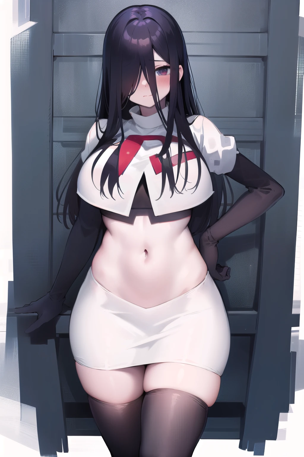 masterpiece, detailed, high quality, absurdres, sadako, (hair over eyes), pale skin, blush, large breasts, curvy, navel, stomach, groin, team rocket,team rocket uniform,white skirt,red letter R,crop top,black thigh-highs,black elbow gloves, cowboy shot,
