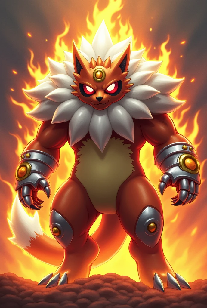 "Design the final evolution of a Pokémon based on a honey badger. This stage shows an imposing Pokémon, His body has grown even more, with a more robust appearance. The flames on its tail, mane and forearms have intensified. The flames are now a deep white with hints of gold, reflecting its maximum power. This Pokémon's eyes are large, a bright red with a black outline. A distinguishing feature is an orb on its forehead, with a thick mane around its neck and chest, its posture is majestic, representing the culmination of its growth as a Fire-type Pokémon/metal. The overall appearance should convey power"
**Image size:** 1024x1024