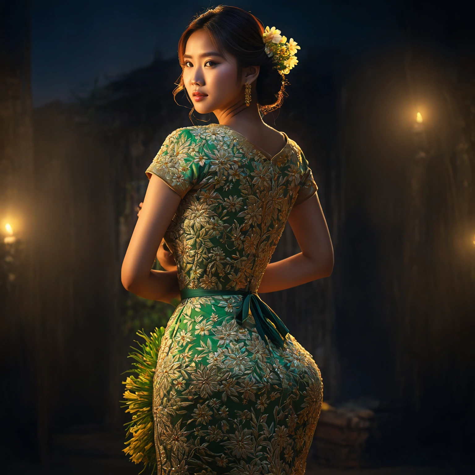 Myanmar girl big ass Myanmar dress Very detailed flower drawing, soft lighting glow effect, cinematic look, beautiful hair