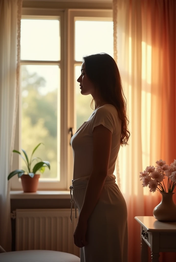 Make an image of a sad woman,Suddenly, she becomes happy because her breasts have suddenly increased in size.