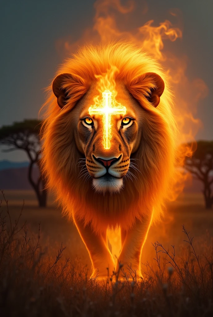 Create an image of a lion's face with a small transparent cross on fire in the middle of his face.