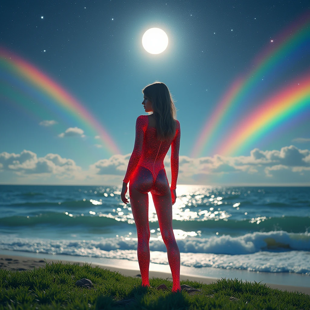 mesmerizingly girl sexy red beautiful white silver translúcido zero suit , latex clothing, front grass , realistic background sea seawater, the sun stars rainbow on top of the image and moon below the image