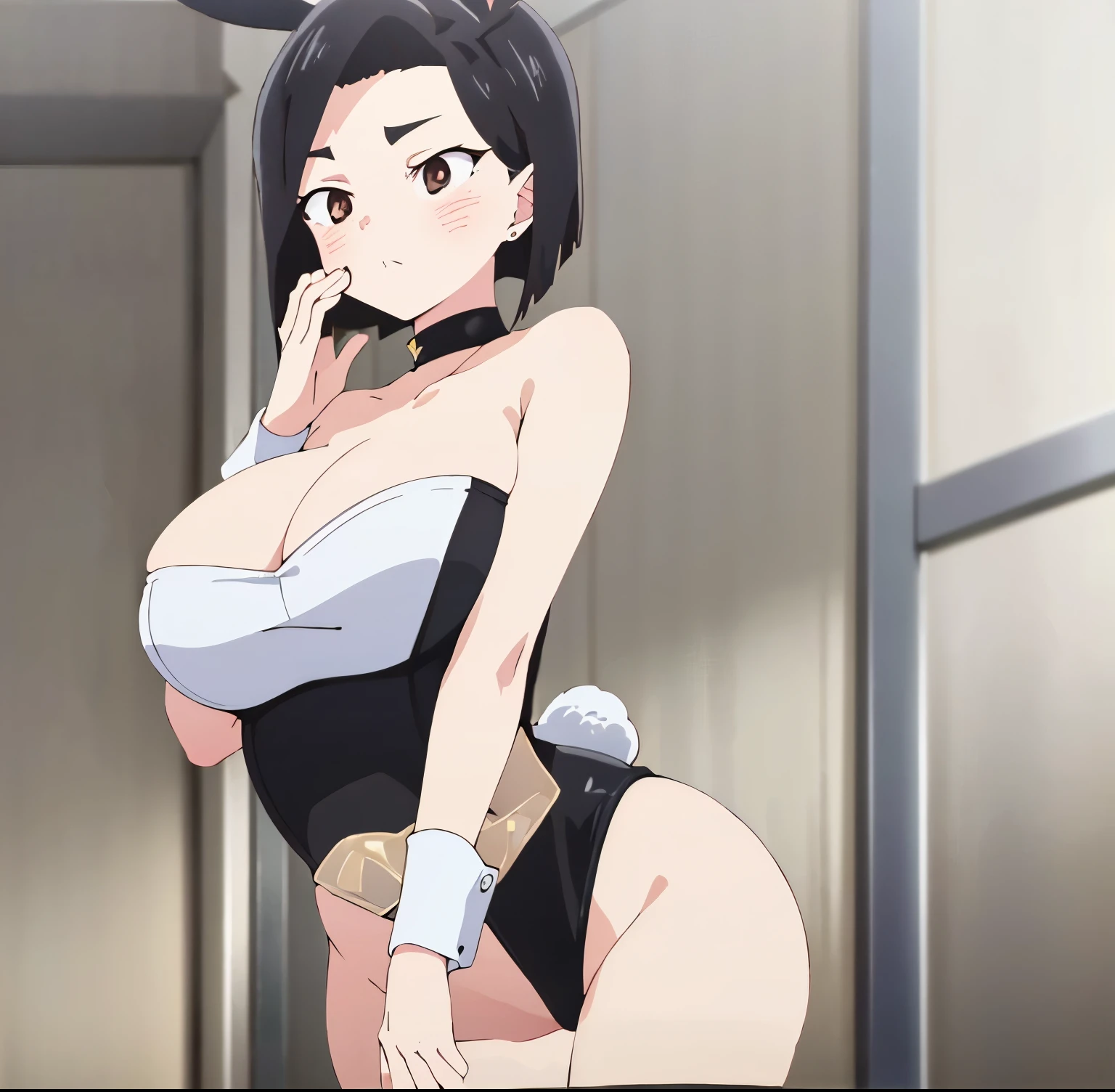((1girl)),((alone)), Sanae Yamada,(masterpiece), (best quality), (ultra detailed), (best illustration), (best shadow), (absurdities), sharp focus, cowboy shot ,atmospheric perspective, depth of field, dynamic posture looking at the viewer, large breasts, narrow waist, wide hips, wide thighs, round butt, erotic, romantic, (very detailed eyes, lips 1.1), very detailed eyes, eyes, very face detailed, Very beautiful face, Symmetrical face, Aesthetic face, perfect face, perfect eyes, detailed eyelashes: 1.5), full height, beautiful slim figure, femininity, expressive appearance, elastic big breasts, sexuality, 35 years old, short hair, black hair , brown eyes, detailed eyes, beautiful face, (rabbit ears: 1.2), black playboy bunny, wristbands, choker, bare shoulders, jewelry, cleavage, earrings, black pantyhose, parted lips ,curves, defined body,Perfect and beautiful body, perfect and beautiful, closed mouth, neutral expression, serious face, blushing, (sexy pose: 1.2), ((solo)), standing: 1.3,(( casino, holding tray ,poker table, embarrassed,window, cityscape, city lights, night)),looking forward,((focus on hips), point of view:(from below), perfect anatomy, perfect hands