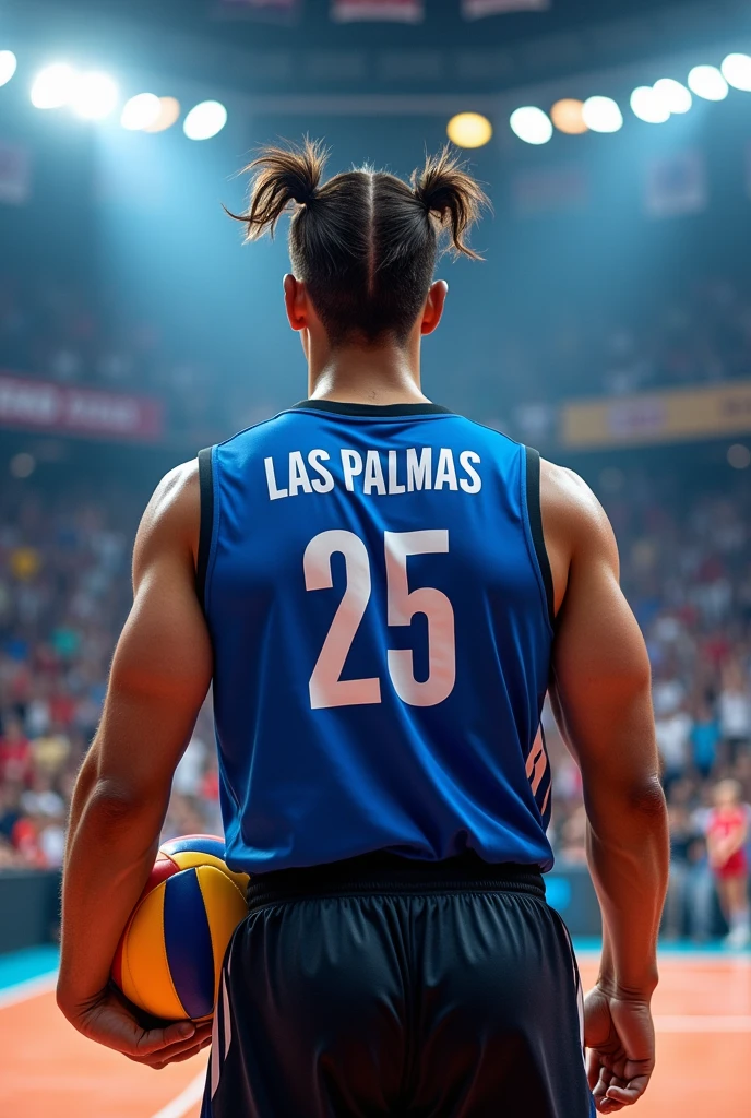 Volleyball player with two boxer's manes wearing a blue and black uniform, On the back of his shirt it says LAS PALMAS with the number 25 and Briceño standing with the ball on his side