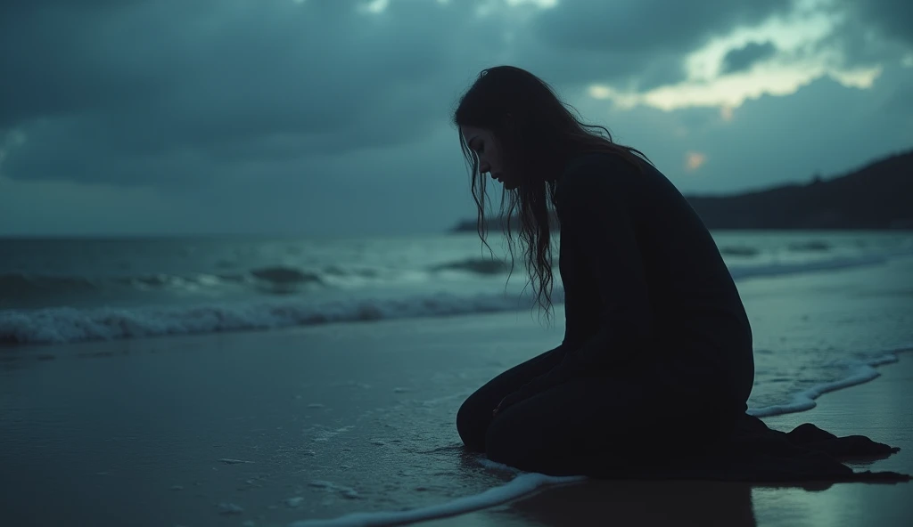 Photorealistic image of a woman in her late 20s, on her knees in prayer on a desolate seashore at twilight. The sky is overcast with dark clouds, casting a somber mood over the scene. Gentle waves lap at the shore, and the woman's long hair is slightly tousled by the sea breeze. Her expression is one of deep sorrow, with tears glistening on her cheeks. The soft, diffused light from the setting sun creates a melancholic atmosphere, emphasizing the isolation of the moment. Shot with a Canon 85mm lens, f/1.2 aperture, capturing intricate details and depth of field